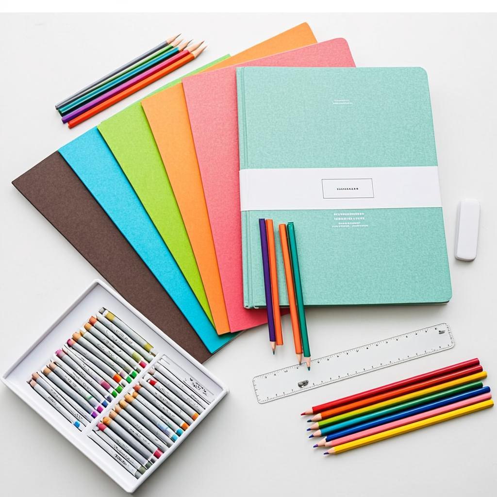 Útiles escolares: cuadernos, lápices, reglas y crayones para dotación escolar